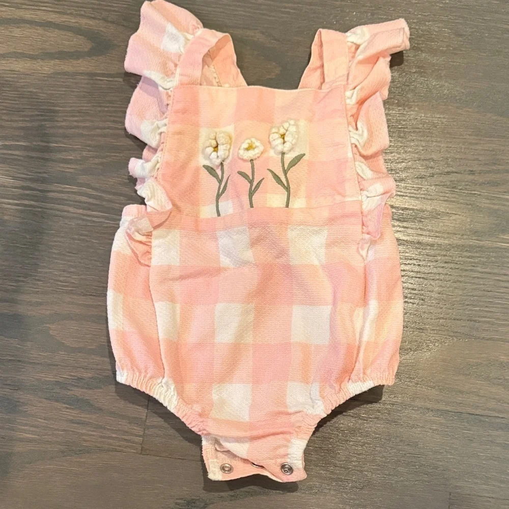 Mud Pie Pink Checkered Daisy Criss Cross Back One Piece Romper
